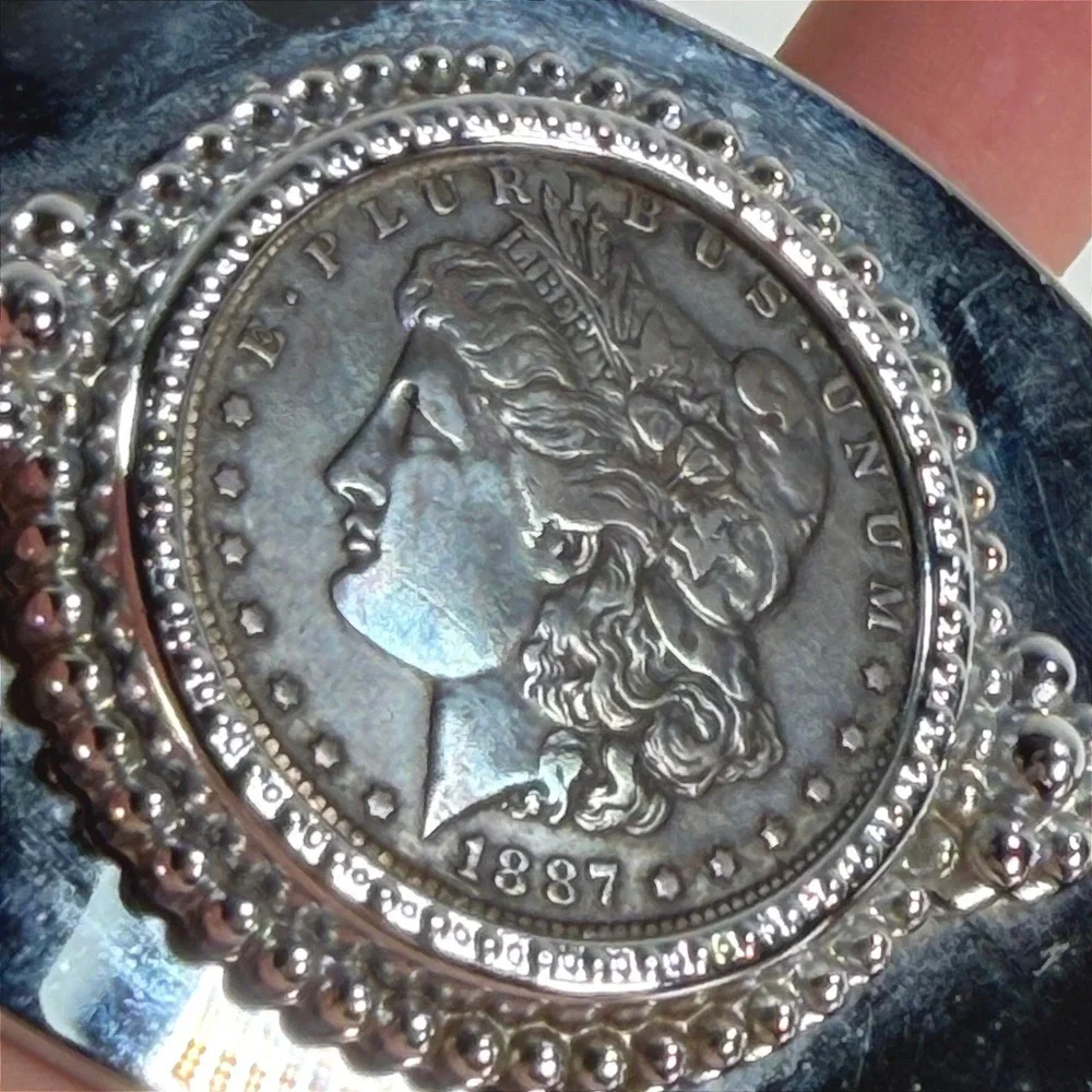 Vintage 1887 Morgan Dollar Oval Belt Buckle Stainless Brown Tooled Leather sz 34